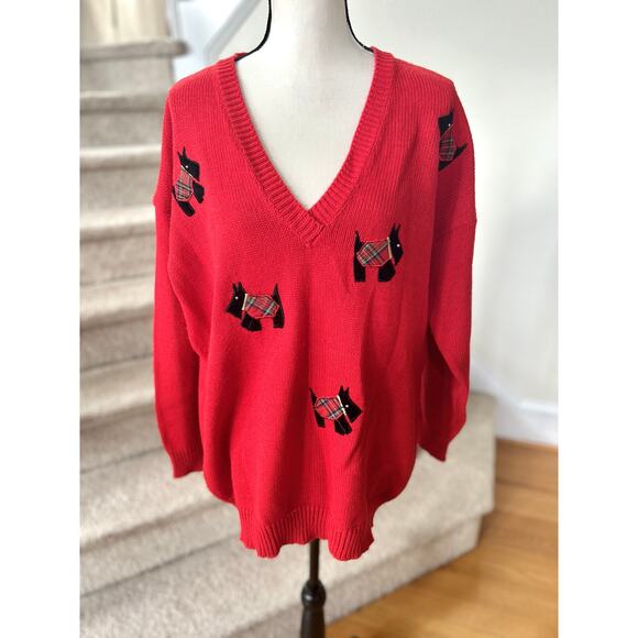 Vintage 90s Red V-Neck Velvet Tartan Scottie Dog Sweater Christmas Holiday Ugly - Picture 1 of 7